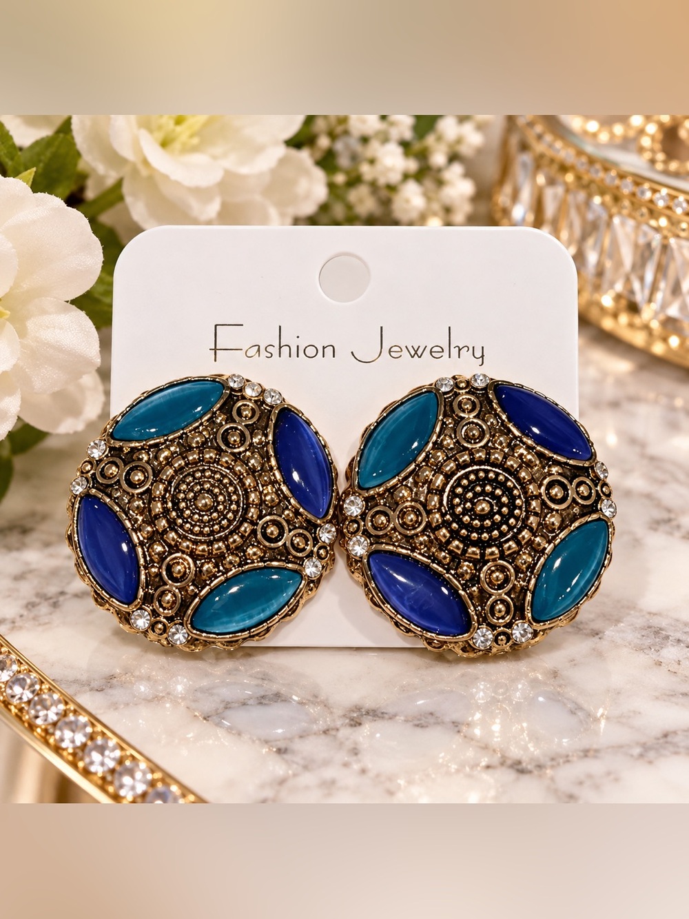 Blue & Teal Statement Stud Earrings – Gold Tone Ornate Filigree Fashion Jewelry
